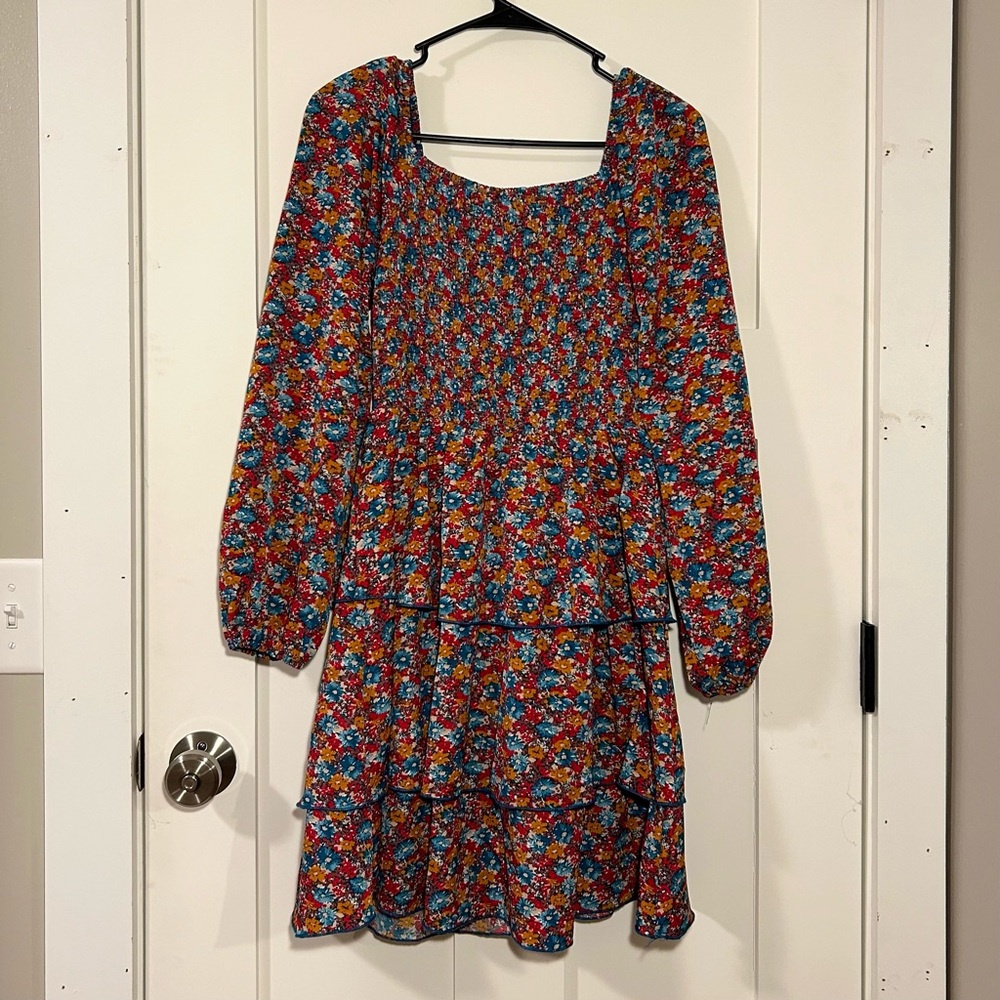 BFBTM smocked tiered long sleeve dress - multicolor floral, size S - women’s